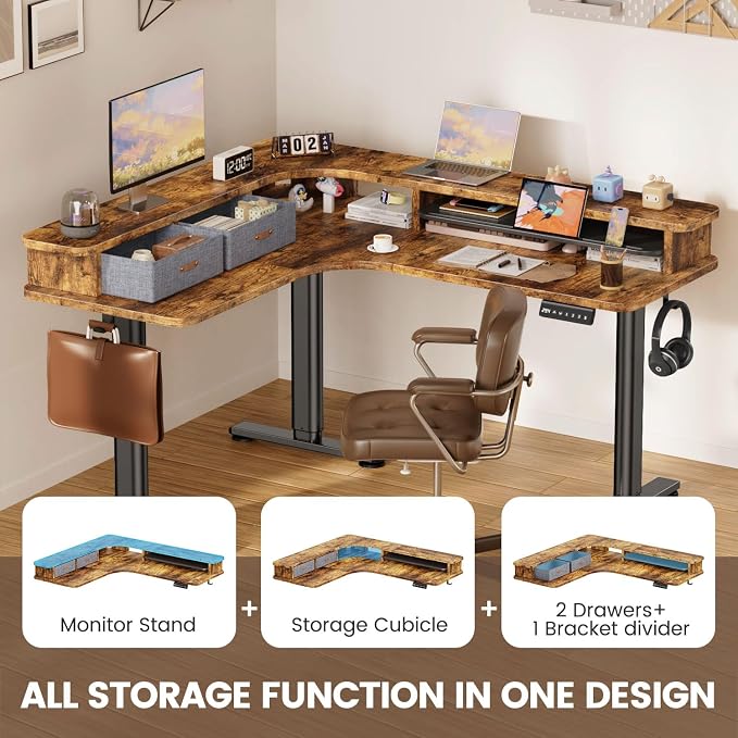 Flycity Electric L Shaped Standing Desk with Drawers, 63" x 55" Corner Standing Desk Adjustable Height, Stand Up Home Office Desk, Dual Motor Sit Stand Desk with 3 Memory Preset & Lock, Brown