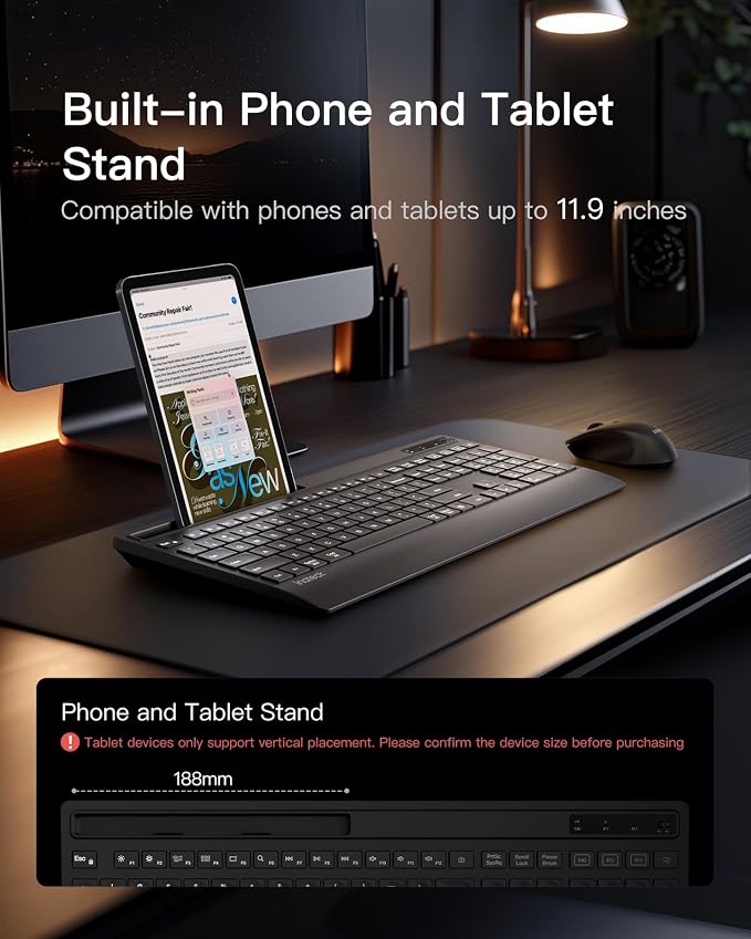 Inateck Wireless Keyboard and Mouse Combo, Full-Size Keyboard with Wrist Rest, Phone Holder, 2.4 GHz Wireless/Bluetooth Silent, Compatible with Computer, Laptop, PC, Mac, Windows