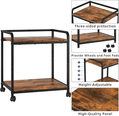 21"x15.8" Large Printer Stand with Storage, 2-Tier Under Desk Printer Table, Rolling Printer Cart with Lockable Wheels for Home, Office (Brown)