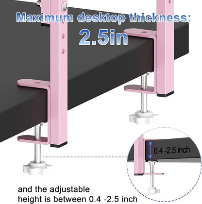 2-Tier Desk Shelf, Expandable Under Desk Storage, Clamp on Desk Shelf, Desktop Accessories for Offices, Study Rooms, and Game Rooms (Pink)