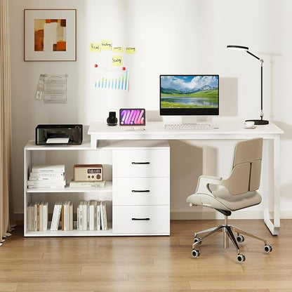 GOFLAME Reversible L Shaped Computer Desk with Charging Station, 55” Home Office Desk with 3 Drawers, 3-Level Adjustable Shelf, Convertible Study Writing Desk for Small Space, White
