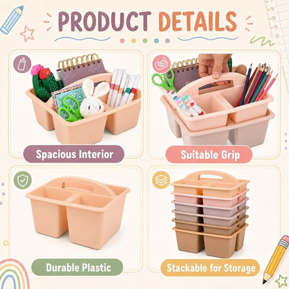 6 Pack 3 Compartment Small Caddy Plastic Classroom Organizer with Handle Portable Teacher Supply Storage Caddy Craft Art Caddies for Pencil, Crayon, Marker, Home, Office, School Supplies(Boho Pastel)