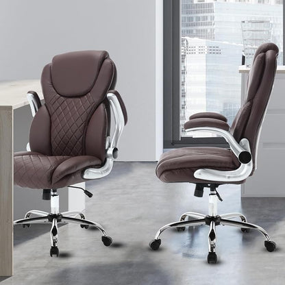 Leather Executive Office Chair, Big and Tall High Back Ergonomic Desk Chairs with Wheels, 90-120° Rocking Managerial Home Computer Chairs with Flip up Arms and Lumbar Support, Dark Brown
