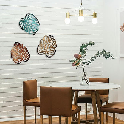 Palm Leaves Wood Wall Decor , 3Pcs Tropical Wall Art Jungle Decor, Wooden Natural Leaves Plant Wall Decor, Vintage Tropical Plant Plaque for Home Living Room Kitchen Bedroom Bathroom & Garden, Blue&Brown