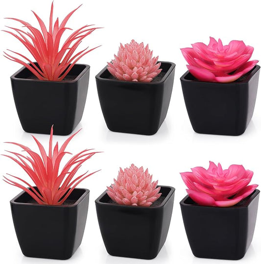 6 Pcs Pink Artificial Succulent Plants in Black Pots, Small Fake Succulents for Pink Room Decor Bathroom Decor Office Desk, Lifelike Faux Plants with Minimalist Modern Aesthetic