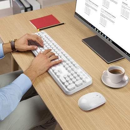 Wireless Keyboard and Mouse Combo - Cute Colorful Keyboard and Mouse, Retro Typewriter Keyboard with 2.4GHz Plug & Play, for Windows 11/10/7, Laptop, PC (White)