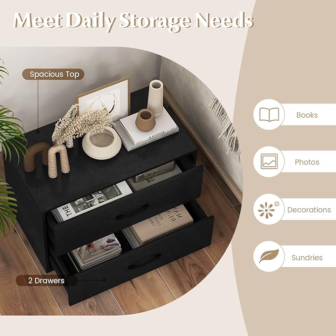 2 Drawer Lateral File Cabinet, Stackable Home Office Drawers, Under Desk Printer Stand, Low Storage Organizer, Horizontal Wooden Filing Cabinet for Study Living Room, No Wheels (1, Black)