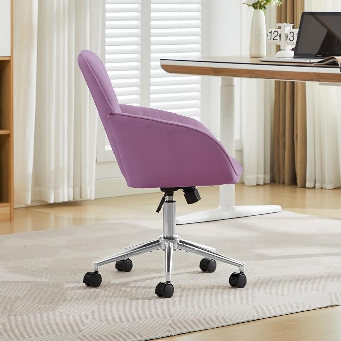 Velvet Home Office Desk Chair, Modern Cute Computer Task Chair with Back, Height Adjustable Upholstered Vanity Chair with Swivel Wheels for Women, Girls (Silver Base, Light Purple