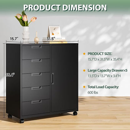 MIIIKO 5 Drawer Storage Cabinet with Door and Shelf, Mobile Lateral Cabinet on Wheels, Office Small Organizer Printer Stand, Black File Cabinets