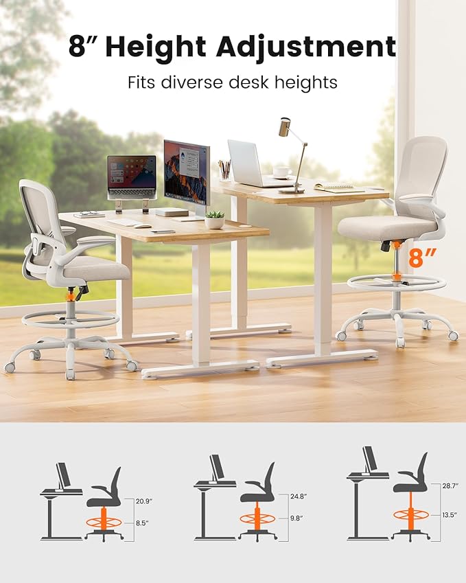 ErGear Drafting Chair,Tall Office Chair with Flip-Up Armrests, High Desk Chair Adjustable Height and Adjustable Footrest Ring, Ergonomic Standing Desk Chair with Lumbar Support, Khaki,20 Pack