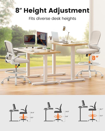 ErGear Drafting Chair,Tall Office Chair with Flip-Up Armrests, High Desk Chair Adjustable Height and Adjustable Footrest Ring, Ergonomic Standing Desk Chair with Lumbar Support, Khaki,8 Pack