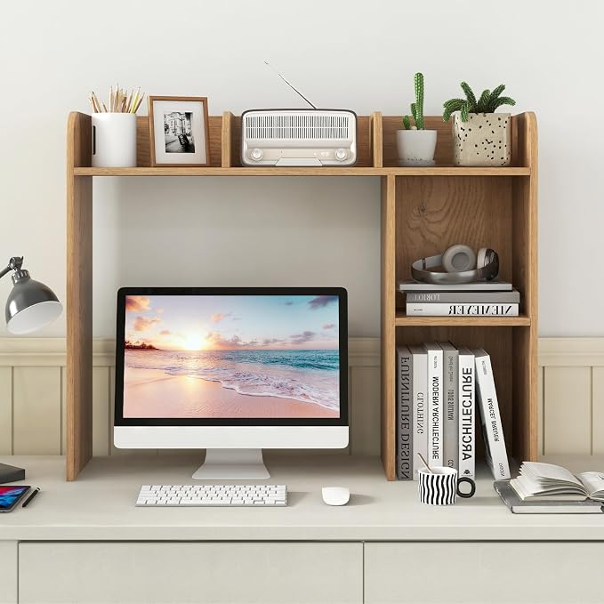 LDAILY Desktop Shelf, Multipurpose Wood Desk Hutch for Max 27" Computer Monitor, Countertop Storage Hutch with 5 Shelves, 3 Tier Desktop Display Rack for Dorm Office Home (Natural)
