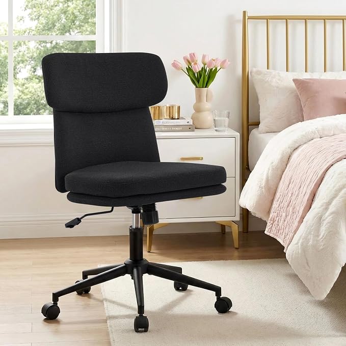 Furniliving Armless Office Chair, Upholstered Chenille Desk Chair with Wheels, Adjustable Swivel Computer Vanity Chair with Double-Layer Cushion, Black