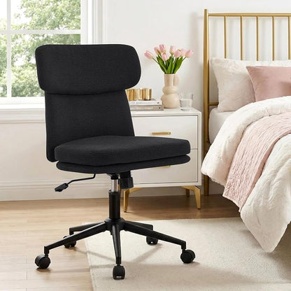 Furniliving Armless Office Chair, Upholstered Chenille Desk Chair with Wheels, Adjustable Swivel Computer Vanity Chair with Double-Layer Cushion, Black