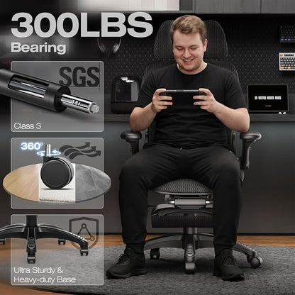 ELABEST X100 Ergonomic Mesh Office Chair with Footrest, Big and Tall Home Desk Chair with 5D Flip-Up Arms, Adjustable 3D Lumbar Support, Gaming & Executive Computer Chair, Night Reaper
