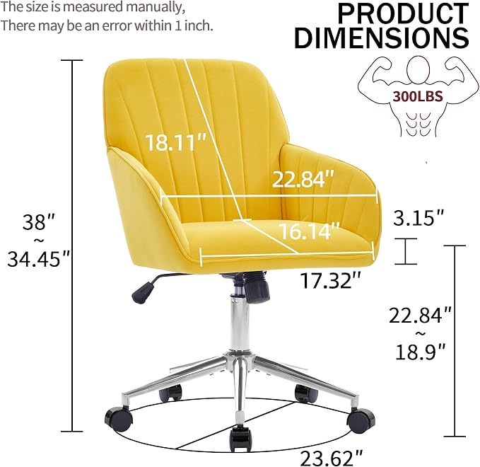 YITAI Velvet Office Desk Chair with Silver Foot Base, with Wheels,Modern Height Adjustable 360 Degree Swivel Upholstered Vanity Chairs with Arms for Living Room Bedroom,Yellow