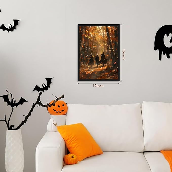 Framed Halloween Witch Wall Art - Autumn Forest Witch Canvas Print, Vintage Gothic Dark Academia Halloween Wall Decor, Spooky Fall Artwork for Bedroom Living Room Home 12x16in Wood Frame