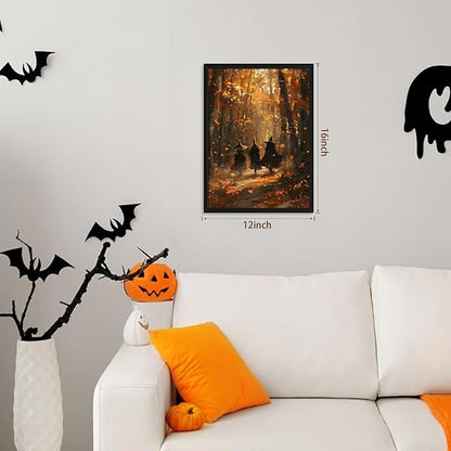 Framed Halloween Witch Wall Art - Autumn Forest Witch Canvas Print, Vintage Gothic Dark Academia Halloween Wall Decor, Spooky Fall Artwork for Bedroom Living Room Home 12x16in Wood Frame