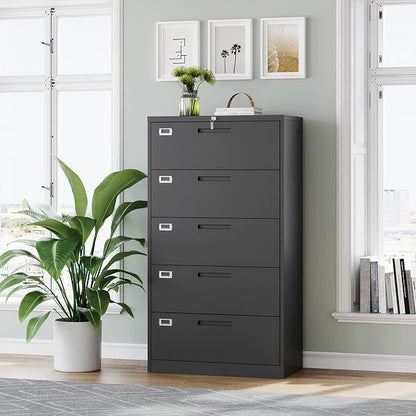 MIIIKO Lateral File Cabinet with Lock, 5 Drawer Metal File Cabinets 35.4" Wide, Home Office Locking Filing Cabinets for Legal Letter File Folders