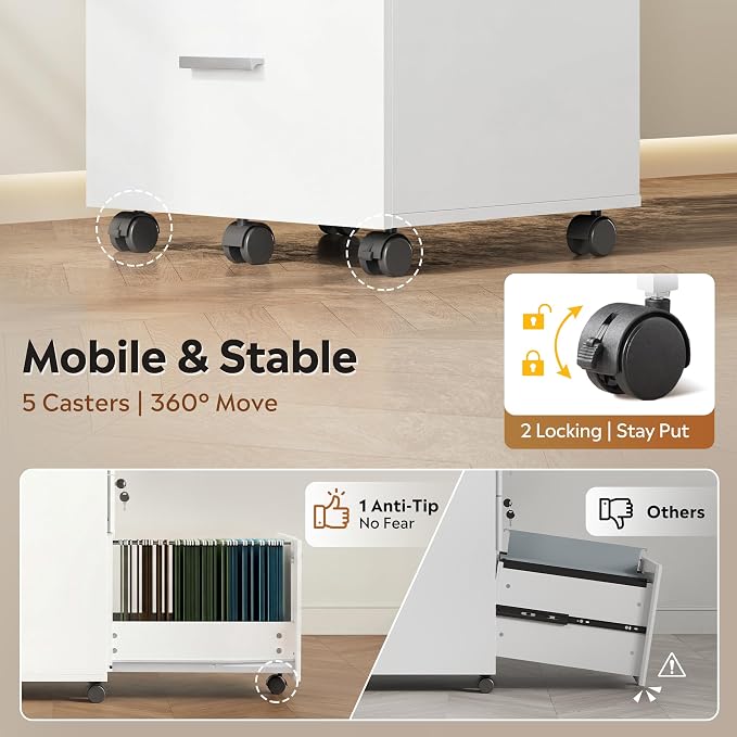 DEVAISE 3 Drawer File Cabinet with Lock & Wheels, Wood Printer Stand, Mobile Filing cabinets for Home Office, Fits Letter/A4 Size, White