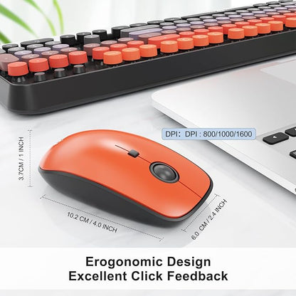 Wireless Keyboard and Mouse Combo, 104 Round Keys Cute Colorful Keyboard and Mouse with Retro Typewriter for PC Mac Laptop Tablet Computer Windows Black Red