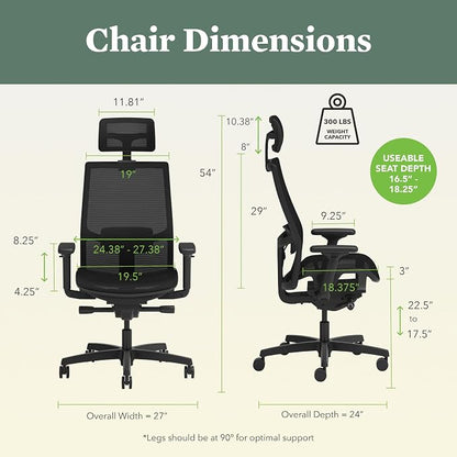 HON Ignition 2.0 Ergonomic Office Chair with Headrest, Mesh Desk Chair with Lumbar Support, Synchro‑Tilt Recline, Height and Width Adjustable Arms, Swivel Wheels, Black Frame, Black