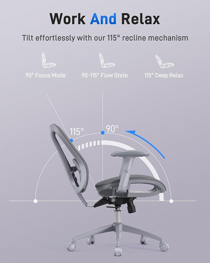 amseatec Ergonomic Office Desk Chair, Comfortable Computer Gaming Chair, Breathable Mesh Back & Seat, Adjustable Armrest, Lumbar Support, Butterfly Design for Home Office (Gray)