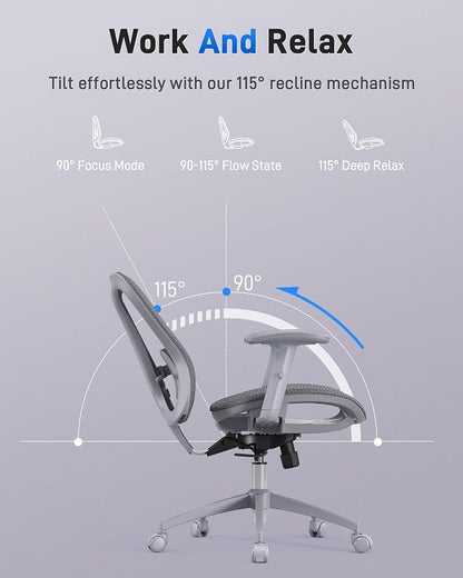 amseatec Ergonomic Office Desk Chair, Comfortable Computer Gaming Chair, Breathable Mesh Back & Seat, Adjustable Armrest, Lumbar Support, Butterfly Design for Home Office (Gray)