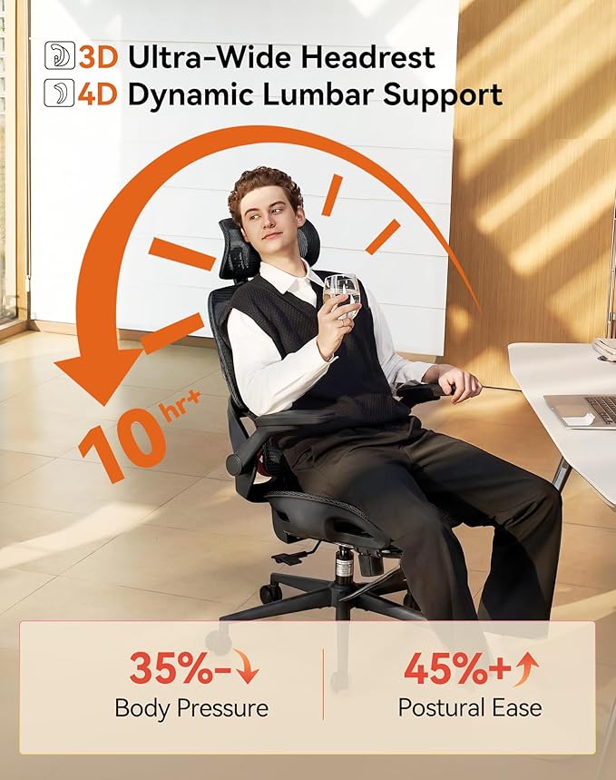 SIHOO B100 PRO Ergonomic Office Chair with Footrest, Mesh Office Chair with Adaptive Lumbar Support, Computer Chair with Wide Headrest, Desk Chair with 360° Rotatable Flip-Up Armrests, Jet Black