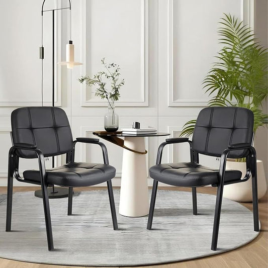 CLLATINA Waiting Room Chairs with Padded Arms Leather Guest Chair no Wheels for Office Reception and Conference Desk Black 2PK