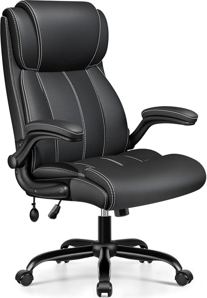 BESTFAIR Ergonomic Office Chair - Desk Computer Chair, Leather High Back Executive Chairs with Adjustable Lumbar Support & Flip Up Arms, Black 2 Pack