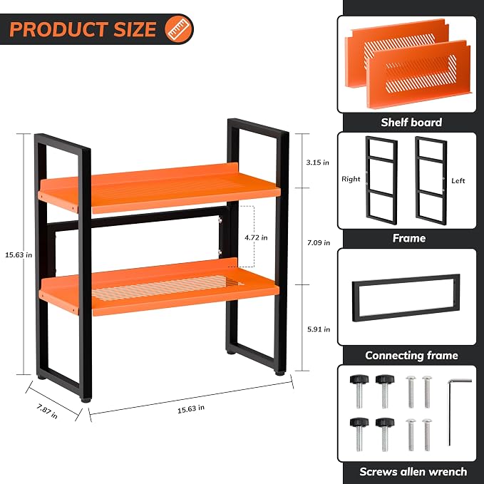 Brakki Desk Shelf Organizer, Adjustable 2 Tier Metal Desktop Shelves, Desktop Bookshelf Organization with Foot Mat, Multi-Functional Small Storage Rack for Office Dorm Home, Black and Orange