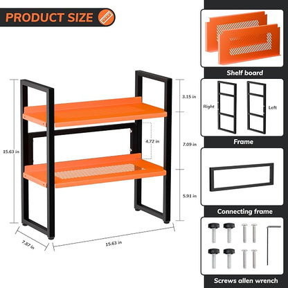 Brakki Desk Shelf Organizer, Adjustable 2 Tier Metal Desktop Shelves, Desktop Bookshelf Organization with Foot Mat, Multi-Functional Small Storage Rack for Office Dorm Home, Black and Orange