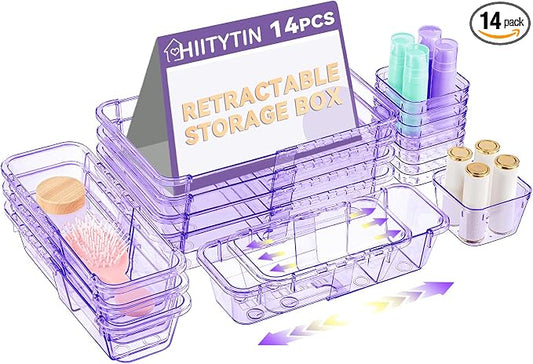 14 Pcs Adjustable Clear Drawer Organizer, Extendable Vanity Storage Bins, Desk Drawer Organizer Set for Makeup, Cosmetics, Bedroom, and Gadgets, Purple