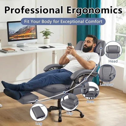 Office Chair with Foot Rest 400lbs, Heavy Duty Executive Leather Office Chair for Heavy People,Big and Tall High Back Ergonomic Comfy Office Desk Chair with Lumbar Support,Grey