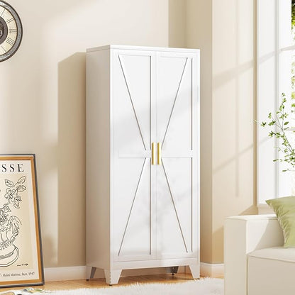 Baborokic 61H Metal Storage Cabinet with 2 Doors and Adjustable Shelves,Farmhouse Storage Cabinet with Barn Doors,Pantry Storage for Home,Office,Bathroom,Dining Room,Kitchen(White)