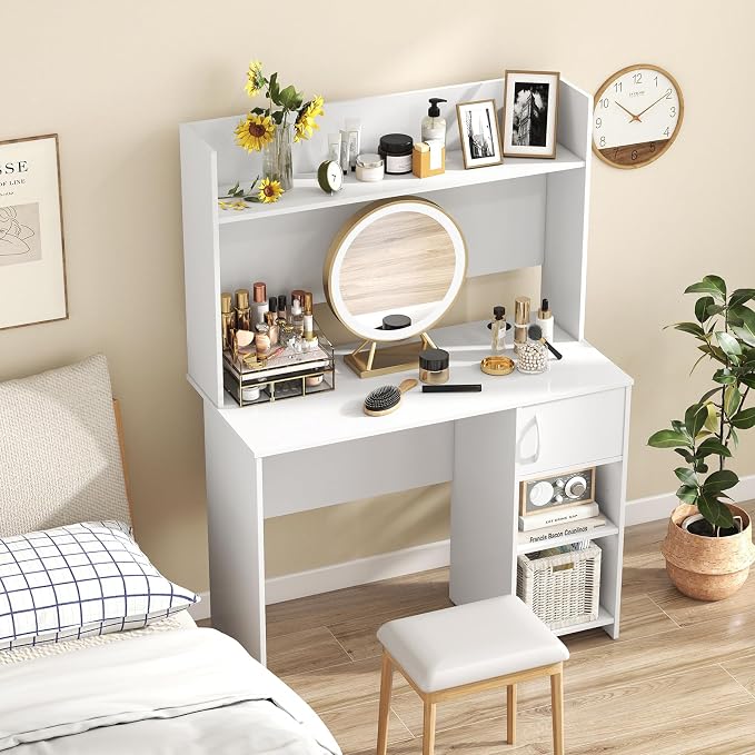 Giantex White Desk with Hutch, Small Computer Desk with Bookshelf & Adjustable Shelf, 2 Cable Holes, Modern Laptop PC Computer Workstation, Study Writing Desk for Small Spaces, Bedroom, Home Office