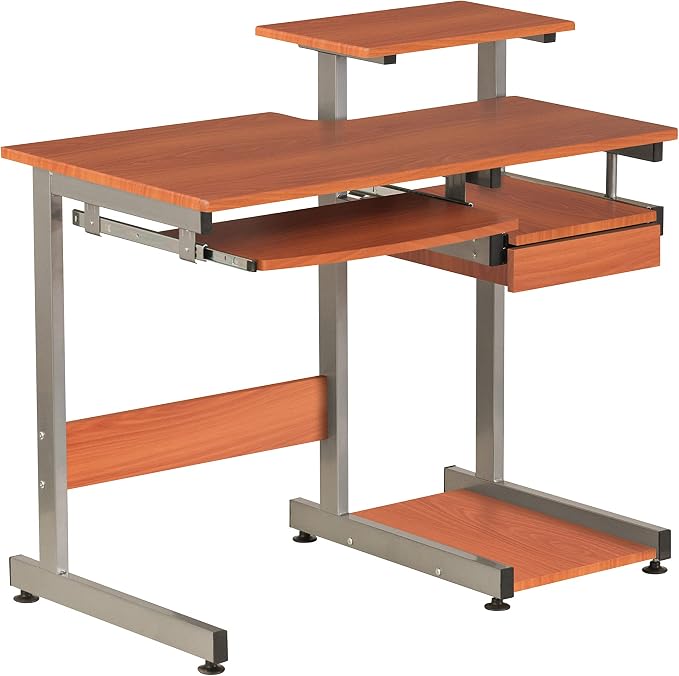Techni Mobili 38" W Desk with Printer Shelf, Keyboard Tray and Drawer, Compact Workstation with Storage, Woodgrain