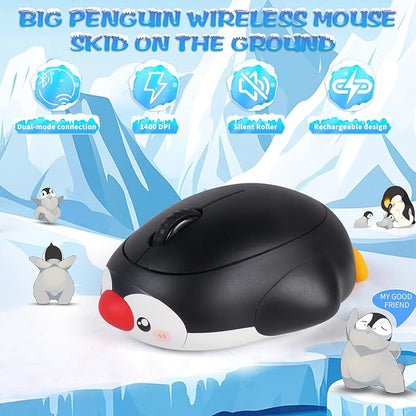 Cute Penguin Bluetooth Wireless Mouse -Rechargeable,Dual Mode Connection, Silent Scroll Wheel, 1600 DPI - Perfect for Laptops, PCs, and Tablets (Black)