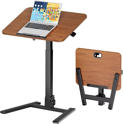 25 Inch Mobile Foldable Standing Desk, 180 Degree Tiltable Portable Rolling Laptop Table, Height Adjustable Sit-Stand Desk with Wheels, No Assembly Computer Workstation for Home Office, Brown