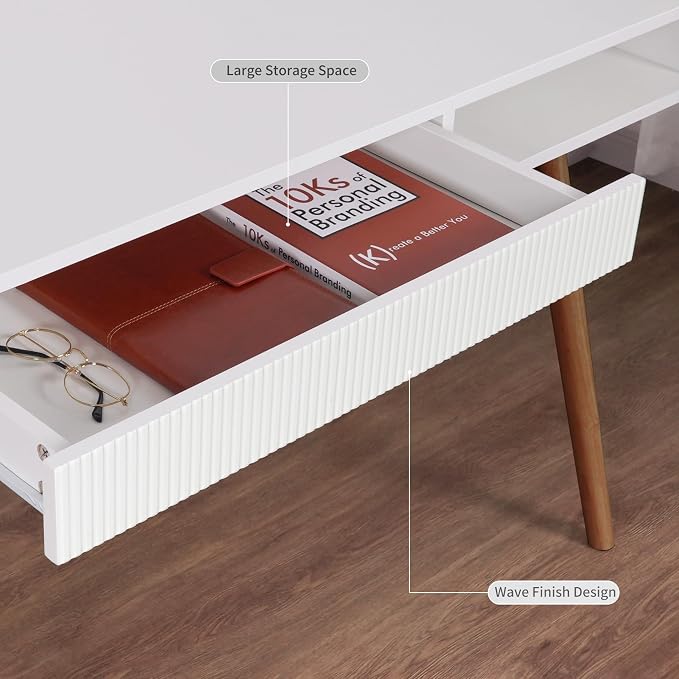 Artswish White Desk with Drawer, Mid Century Modern Writing Desk for Home Office, Small Computer Desk with Storage Shelf & Cable Management Hole, Wood Study Desk for Bedroom, Apartment, Dorm