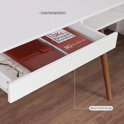 Artswish White Desk with Drawer, Mid Century Modern Writing Desk for Home Office, Small Computer Desk with Storage Shelf & Cable Management Hole, Wood Study Desk for Bedroom, Apartment, Dorm