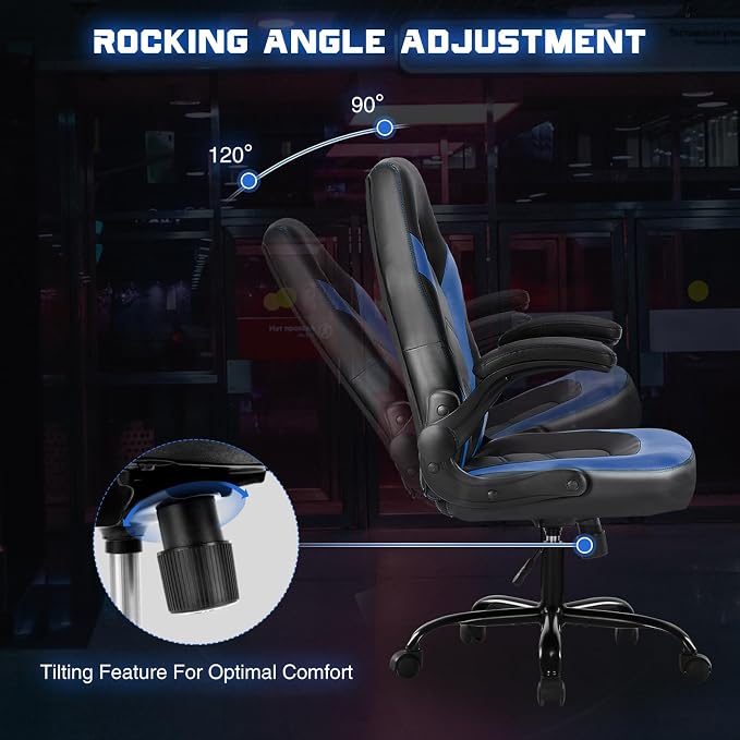 Sweetcrispy Computer Video Game Chair - Ergonomic Home Office with Comfy Lumbar Support, PU Leather Height Adjustable with Flip-up Armrest and 360° Swivel Wheels, Blue, for Adults, Teens