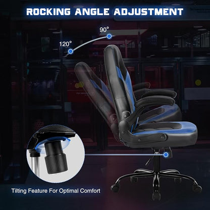Sweetcrispy Computer Video Game Chair - Ergonomic Home Office with Comfy Lumbar Support, PU Leather Height Adjustable with Flip-up Armrest and 360° Swivel Wheels, Blue, for Adults, Teens