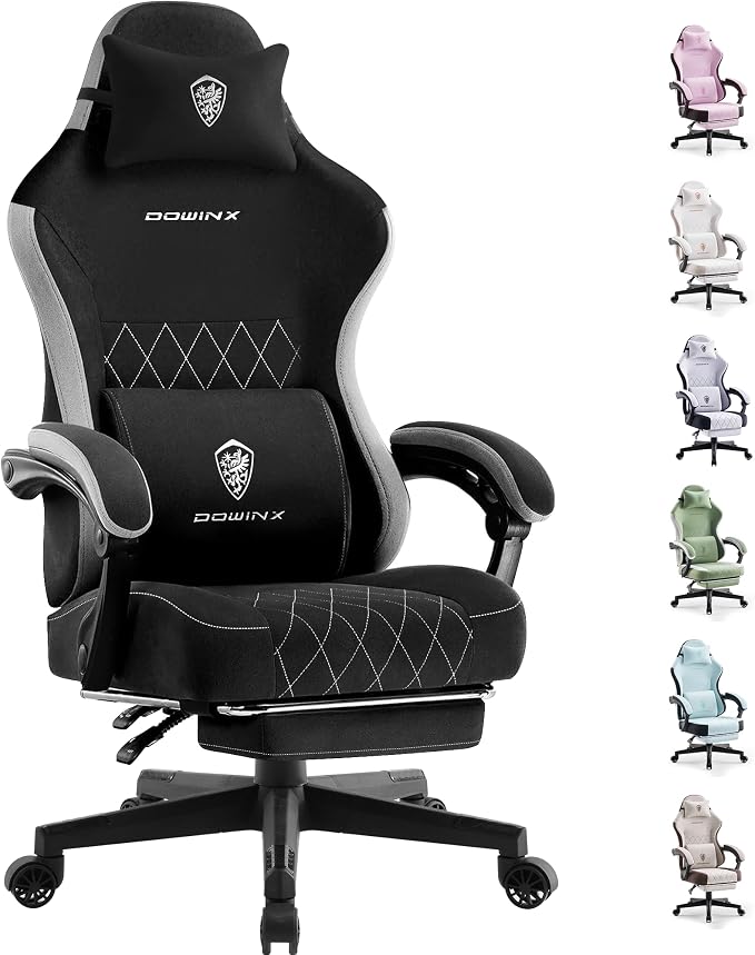 Dowinx Fabric Gaming Chair, Ergonomic Computer Chair with Footrest and Pocket Spring Cushion, Height Adjustable Video Gamer Chair with Lumbar Support for Adults, Black