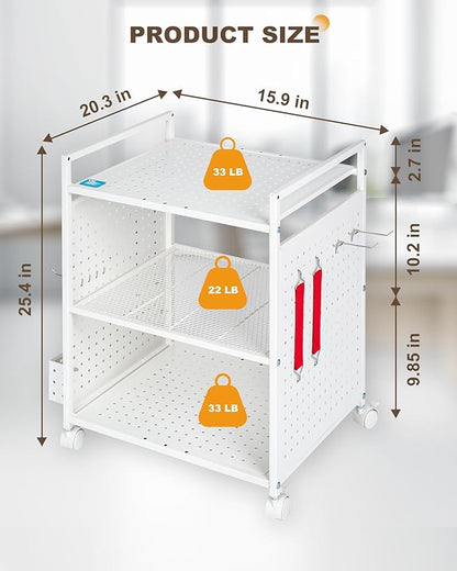 Mythinglogic 3-Tier Rolling Printer Stand with Adjustable Height, Metal Office Organizer Cart, DIY Panels, Lockable Wheels for Home, Office, Kitchen, Gaming