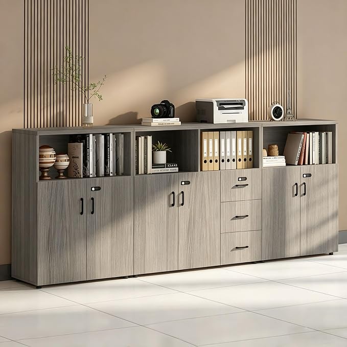 File Cabinet with Password Lock, Wood Lateral Filing Cabinet for Letter/A4 Files, 3 Drawer with Door, Printer Stand with Open Shelves for Home Office