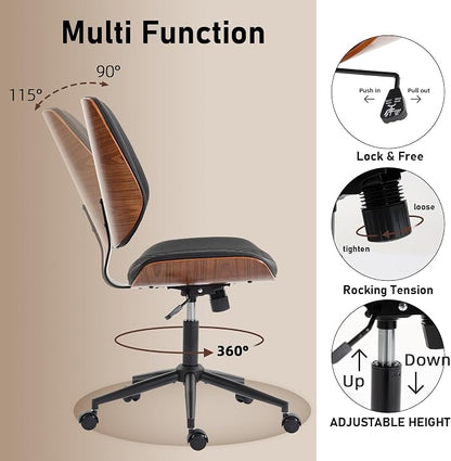 Modern Walnut Home Office Chair with Wheels, Executive Office Desk Chair No Arms, Adjustable Height Small Desk Chair, Comfy PU, Deeper Cushion, Mid Back 360 Swivel Computer Chair, Black-Embroidery
