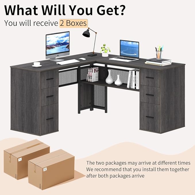 HSH L Shaped Corner Home Office Desk with Drawers, Large Computer Desk with Storage File Cabinet Shelves, Rustic Wood Metal Computer Table for Bedroom Executive Work Study Writing, Dark Gray, 59 Inch