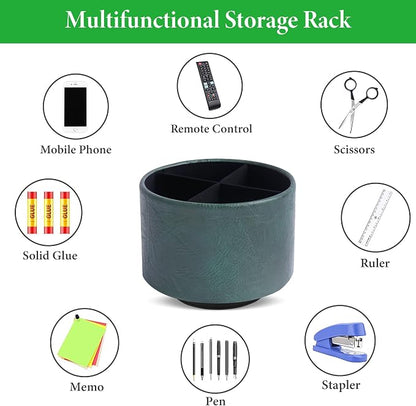 Round Leather Art Supply Organizer,Remote Control Holder,360 Degree Spinning,Multi-Functional Pencil Holder,4 Compartments Desktop Stationary Organizer(1-Crazy Green)